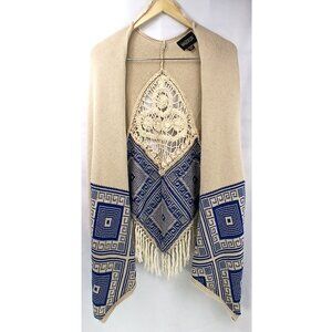 Maddison Beige Blue Boho Geometric Print Crochet Shrug Stole Poncho w/ Tassels